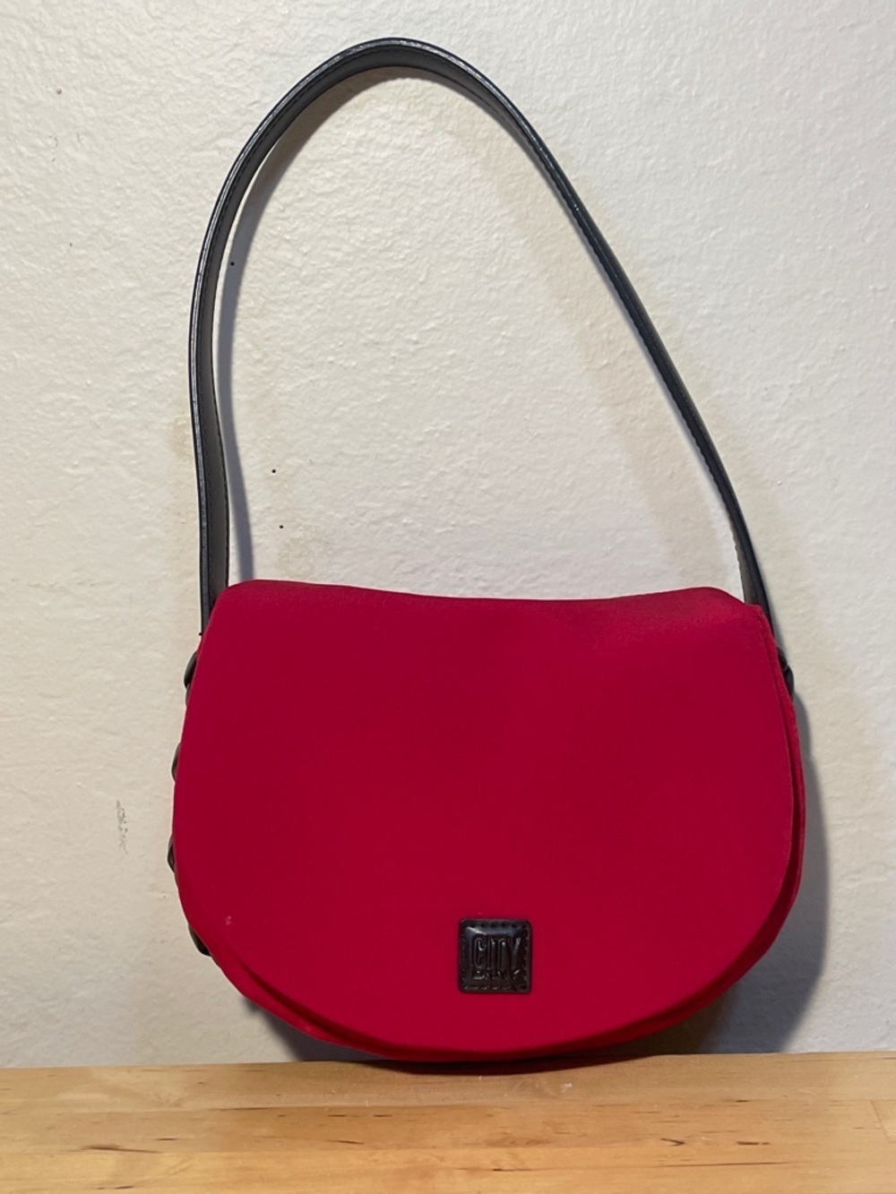 City DKNY Red Nylon Mini Shoulder Bag Brown Faux Leather Y2K Top Handle Purse